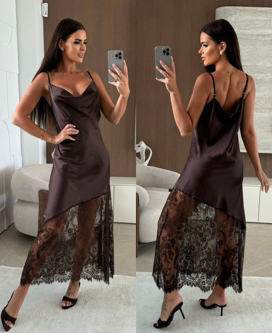 Φόρεμα σατέν με δαντέλα καφέ